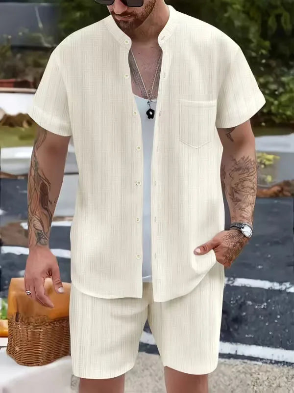 New European and American summer men's casual henley collar pocket short sleeve shirt shorts beach set