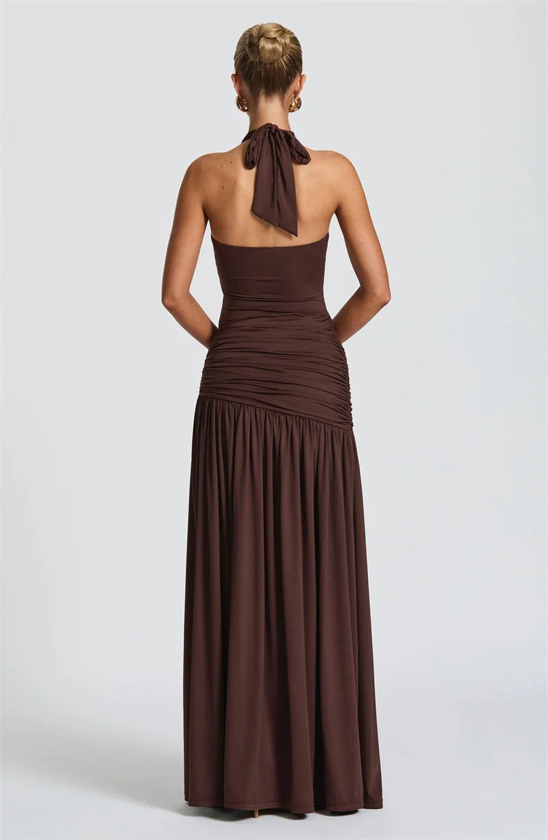 Mozision Elegant Backless Sexy Maxi Dress Set Women Halter Bodysuit And Maxi Skirt Matching Set Female Ruched Split Dress Sets