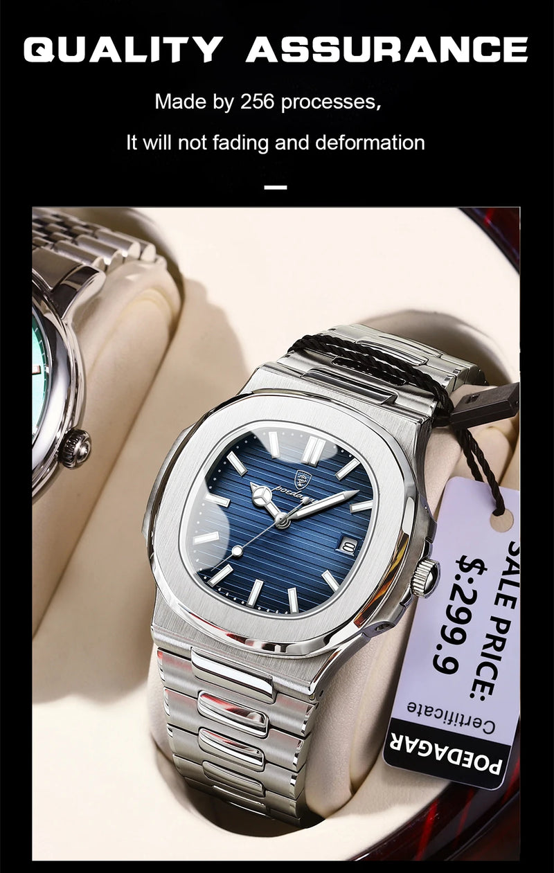 POEDAGAR Luxury Brand Men Quartz Wristwatch Stainless Steel Waterproof Luminous Date Square Male Watch Business Watches for Men