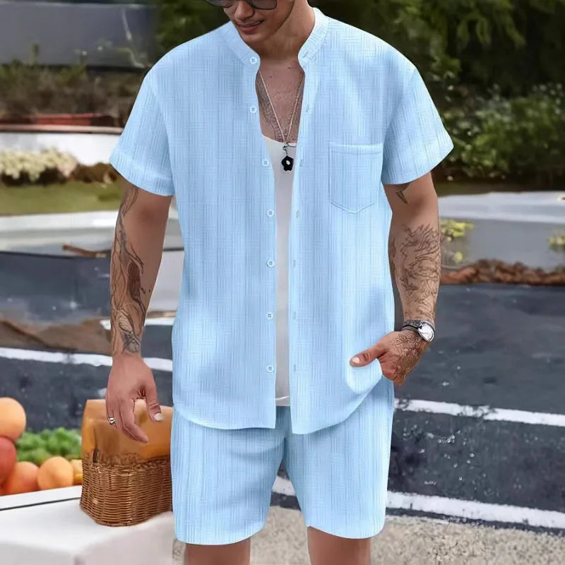 New European and American summer men's casual henley collar pocket short sleeve shirt shorts beach set