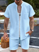 Nova camisa masculina europeia e americana de verão, casual, gola henley, bolso, manga curta, shorts, conjunto de praia