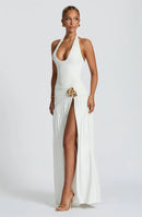 Mozision Elegant Backless Sexy Maxi Dress Set Women Halter Bodysuit And Maxi Skirt Matching Set Female Ruched Split Dress Sets