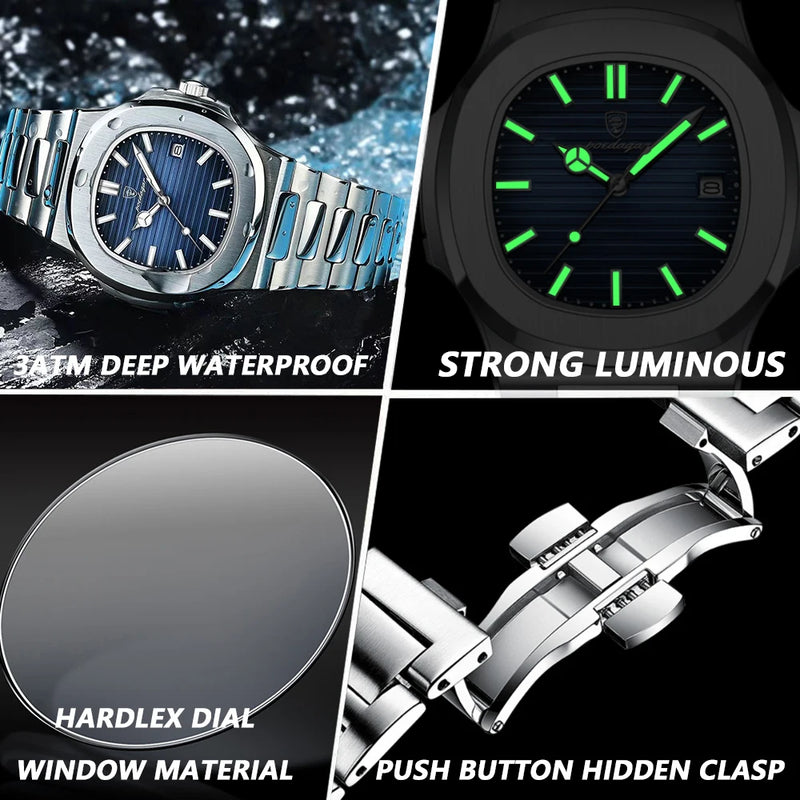 POEDAGAR Luxury Brand Men Quartz Wristwatch Stainless Steel Waterproof Luminous Date Square Male Watch Business Watches for Men