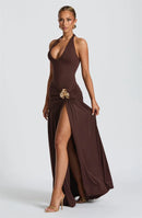 Mozision Elegant Backless Sexy Maxi Dress Set Women Halter Bodysuit And Maxi Skirt Matching Set Female Ruched Split Dress Sets