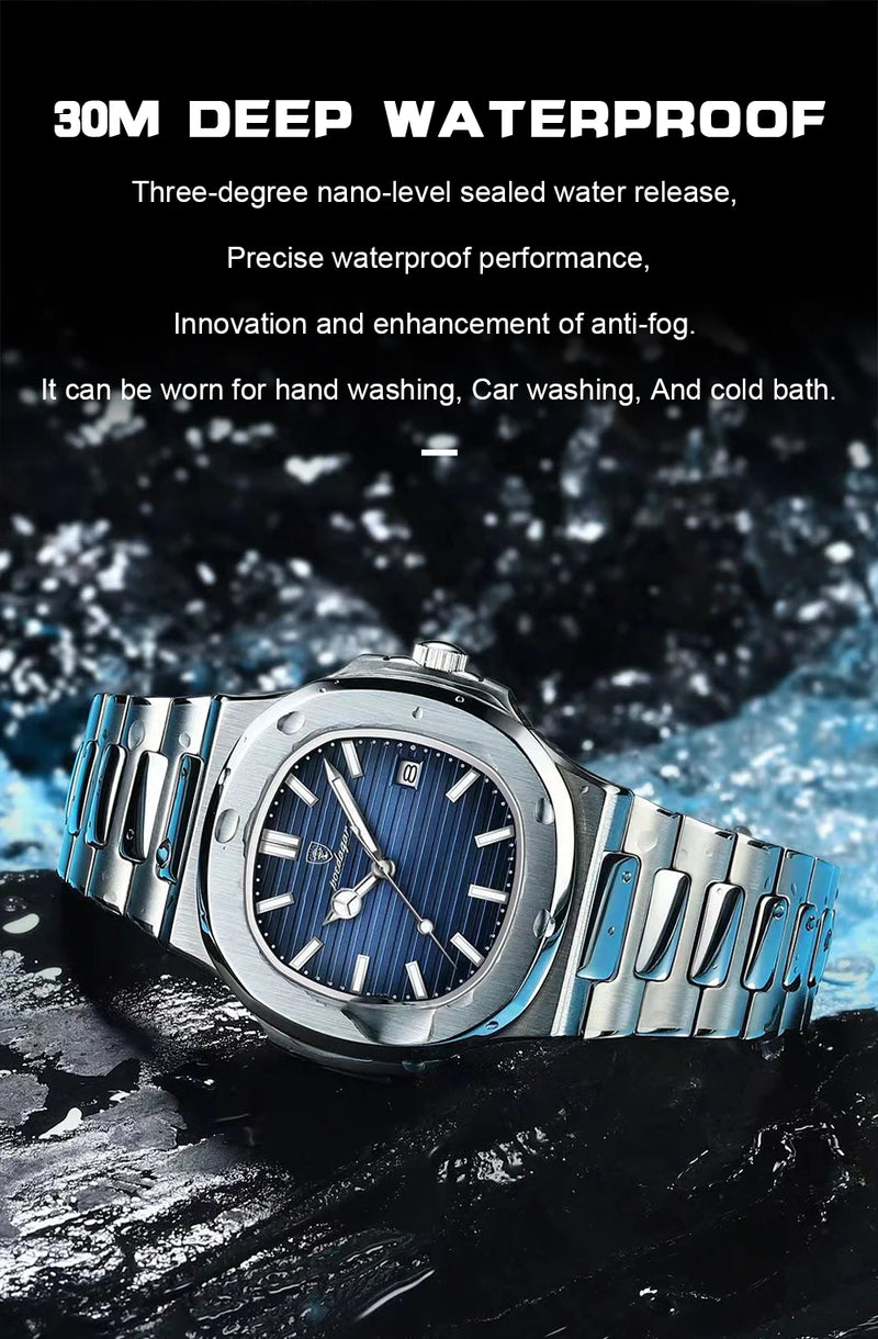 POEDAGAR Luxury Brand Men Quartz Wristwatch Stainless Steel Waterproof Luminous Date Square Male Watch Business Watches for Men
