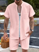 Nova camisa masculina europeia e americana de verão, casual, gola henley, bolso, manga curta, shorts, conjunto de praia