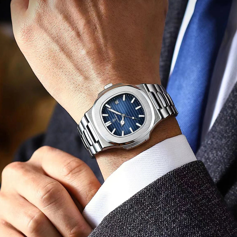 POEDAGAR Luxury Brand Men Quartz Wristwatch Stainless Steel Waterproof Luminous Date Square Male Watch Business Watches for Men