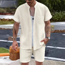 Nova camisa masculina europeia e americana de verão, casual, gola henley, bolso, manga curta, shorts, conjunto de praia