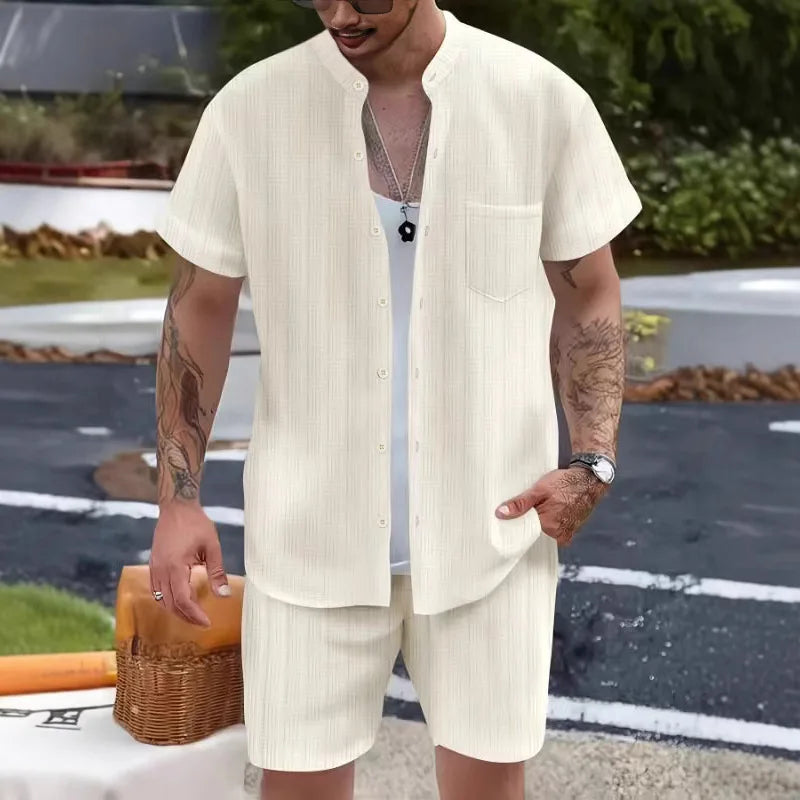 New European and American summer men's casual henley collar pocket short sleeve shirt shorts beach set