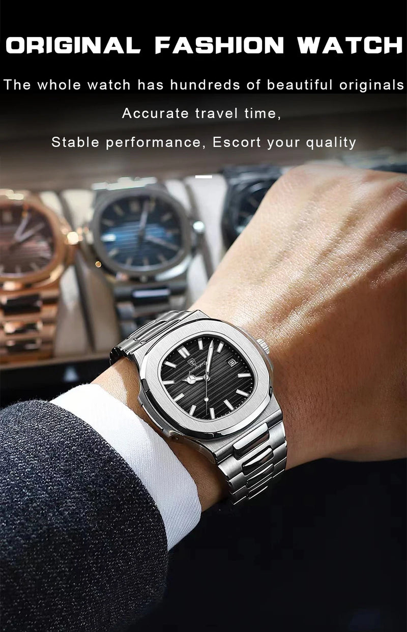 POEDAGAR Luxury Brand Men Quartz Wristwatch Stainless Steel Waterproof Luminous Date Square Male Watch Business Watches for Men