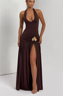 Mozision Elegant Backless Sexy Maxi Dress Set Women Halter Bodysuit And Maxi Skirt Matching Set Female Ruched Split Dress Sets