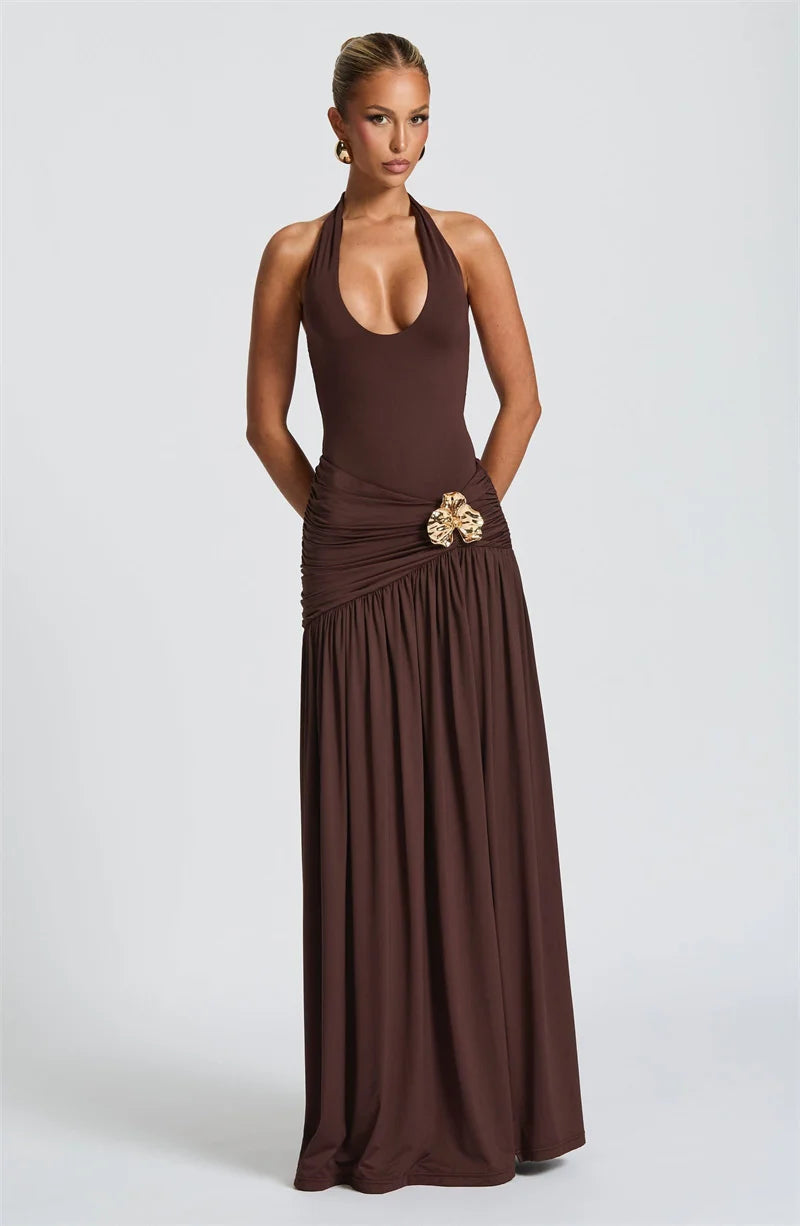 Mozision Elegant Backless Sexy Maxi Dress Set Women Halter Bodysuit And Maxi Skirt Matching Set Female Ruched Split Dress Sets