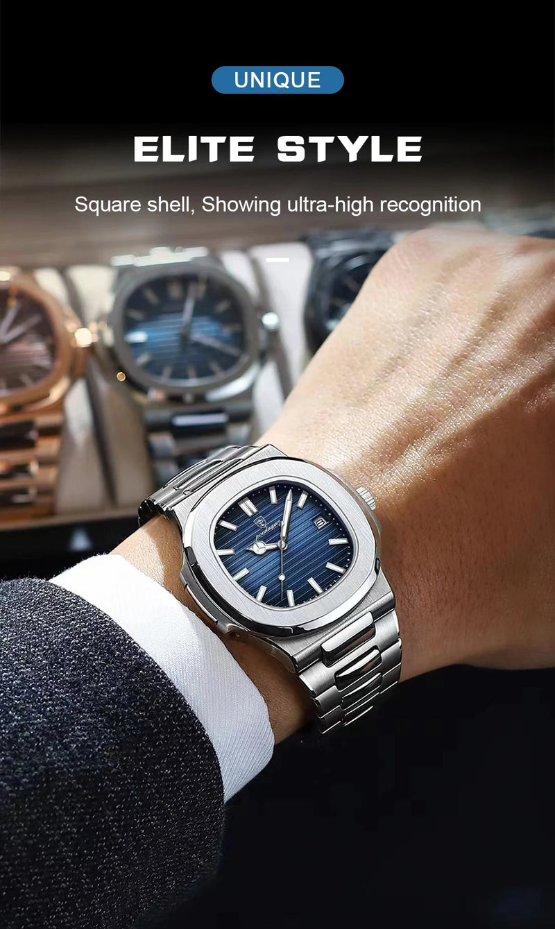 POEDAGAR Luxury Brand Men Quartz Wristwatch Stainless Steel Waterproof Luminous Date Square Male Watch Business Watches for Men