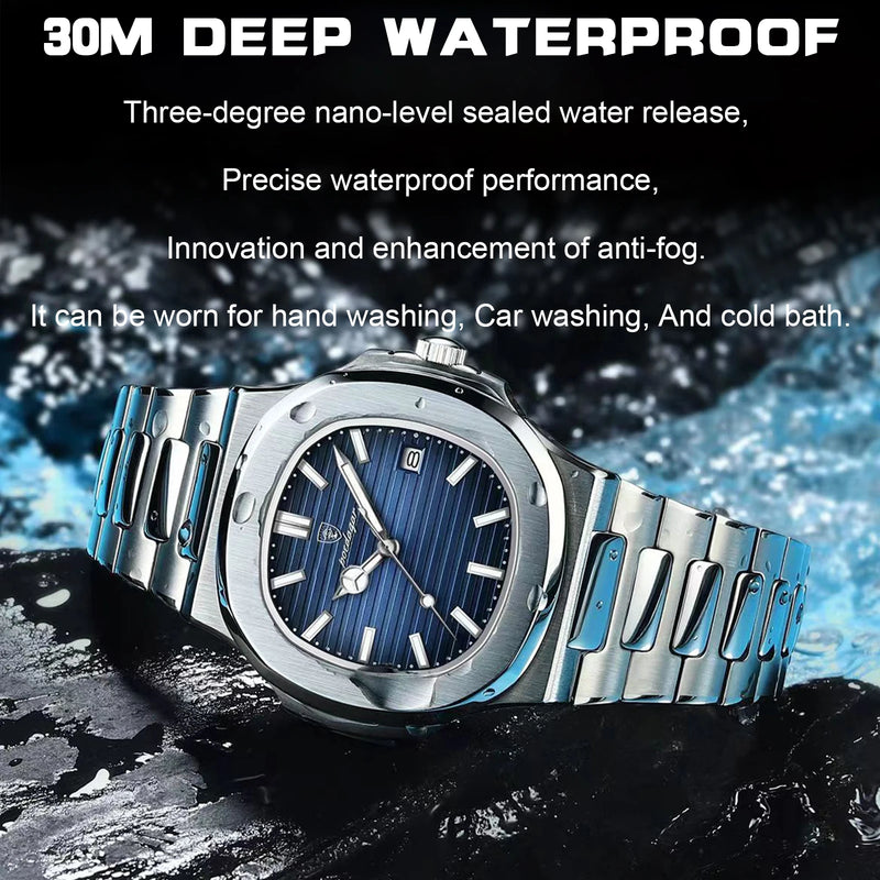 POEDAGAR Luxury Brand Men Quartz Wristwatch Stainless Steel Waterproof Luminous Date Square Male Watch Business Watches for Men