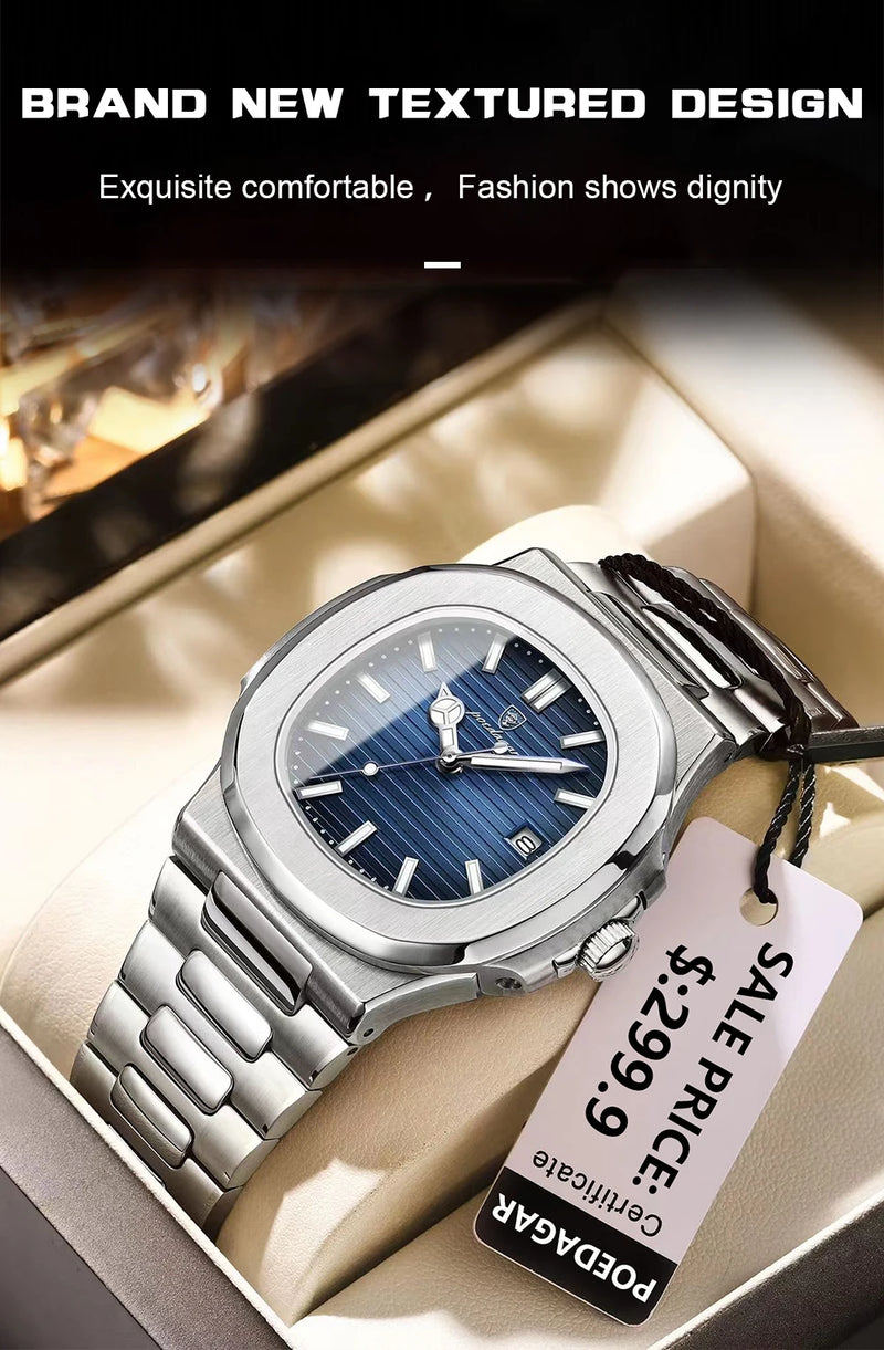 POEDAGAR Luxury Brand Men Quartz Wristwatch Stainless Steel Waterproof Luminous Date Square Male Watch Business Watches for Men