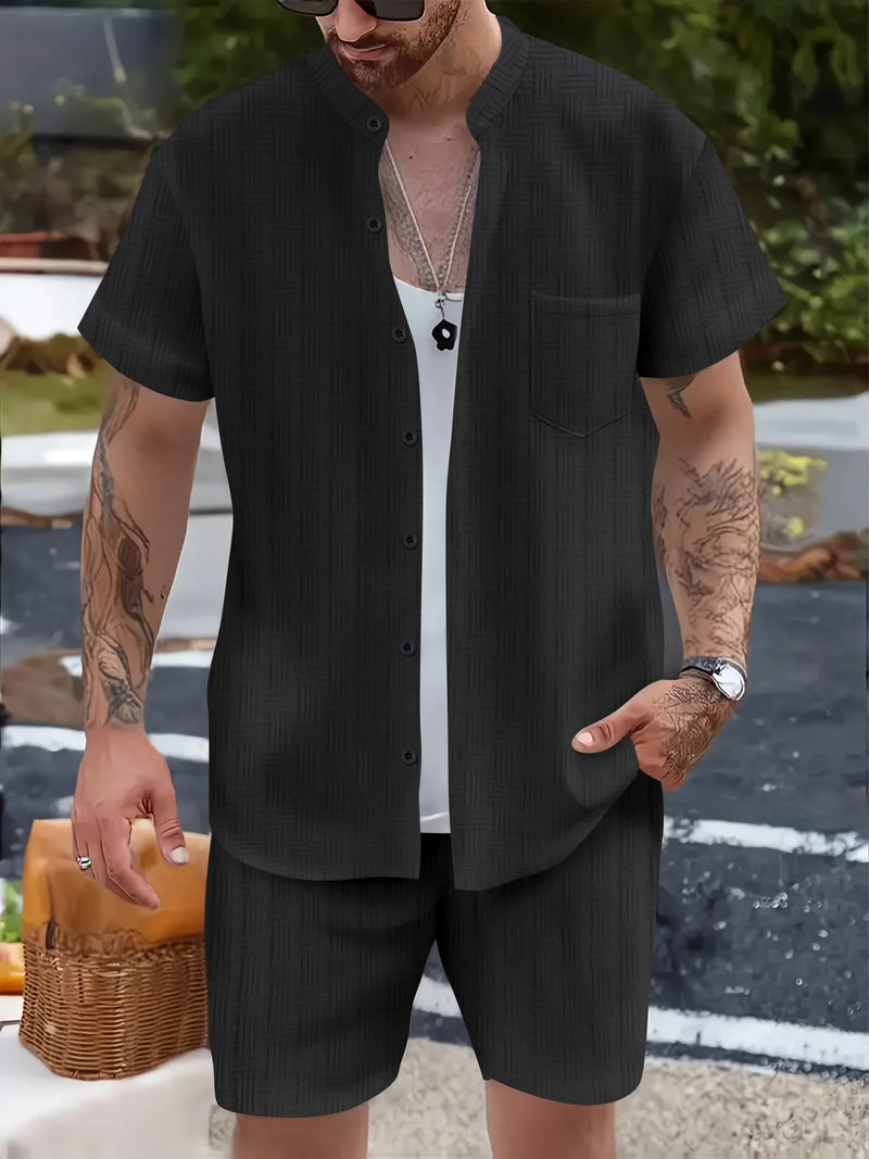 New European and American summer men's casual henley collar pocket short sleeve shirt shorts beach set