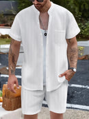 Nova camisa masculina europeia e americana de verão, casual, gola henley, bolso, manga curta, shorts, conjunto de praia