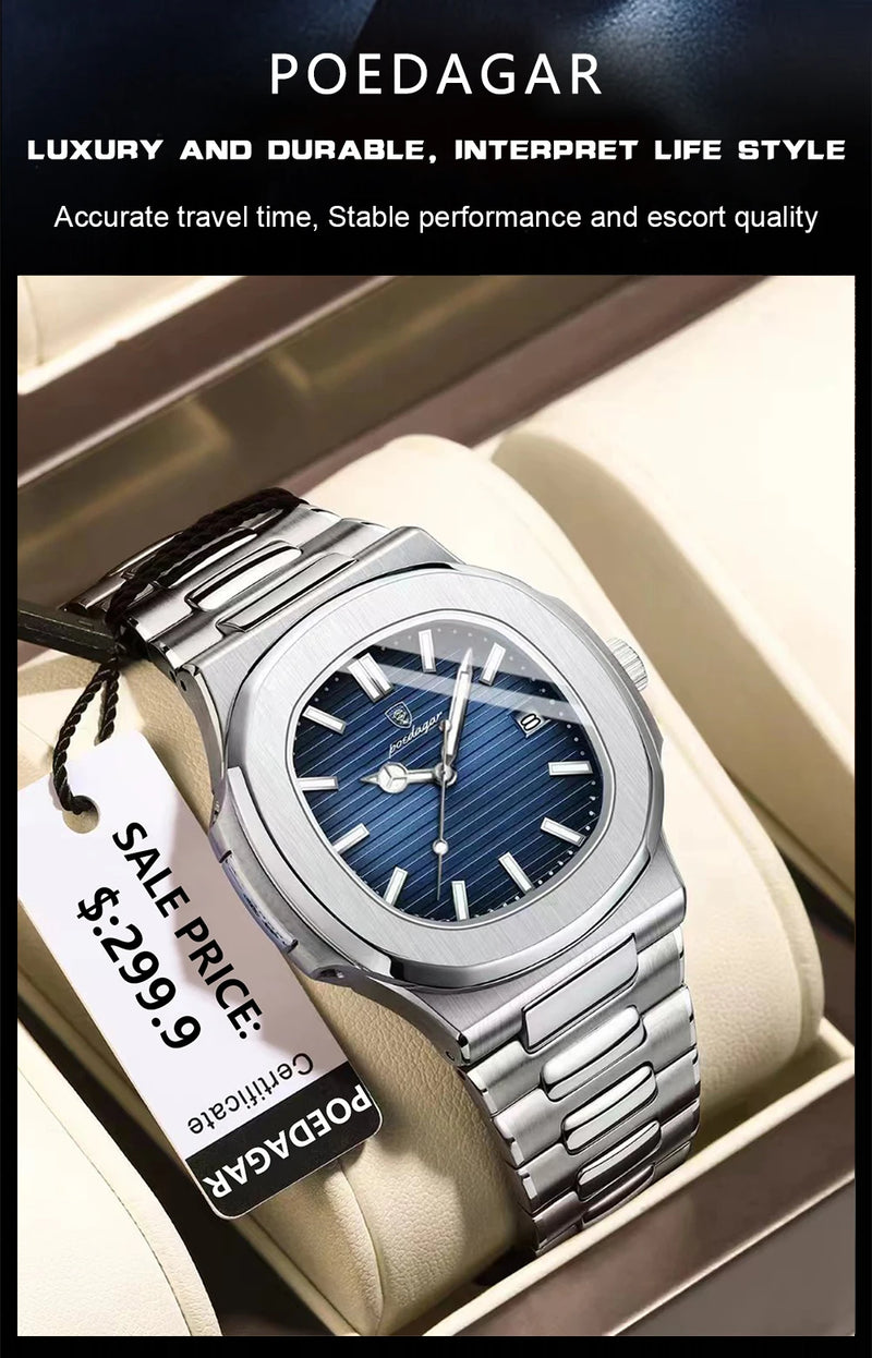 POEDAGAR Luxury Brand Men Quartz Wristwatch Stainless Steel Waterproof Luminous Date Square Male Watch Business Watches for Men