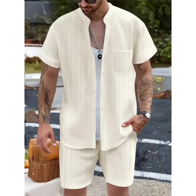 New European and American summer men's casual henley collar pocket short sleeve shirt shorts beach set