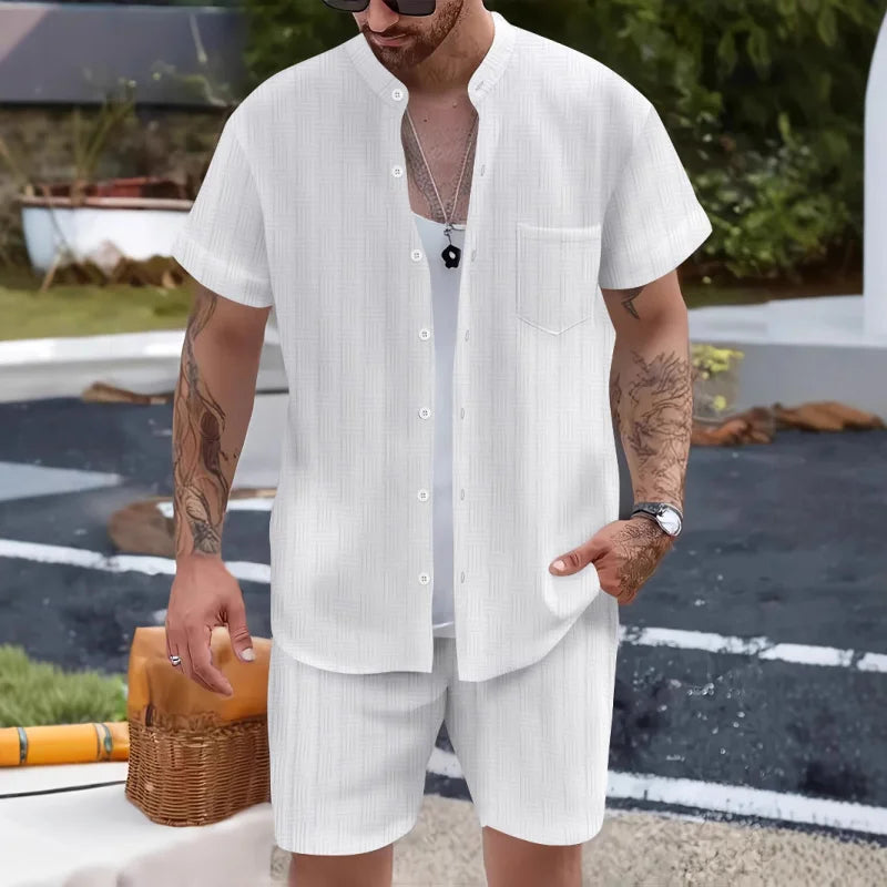 New European and American summer men's casual henley collar pocket short sleeve shirt shorts beach set