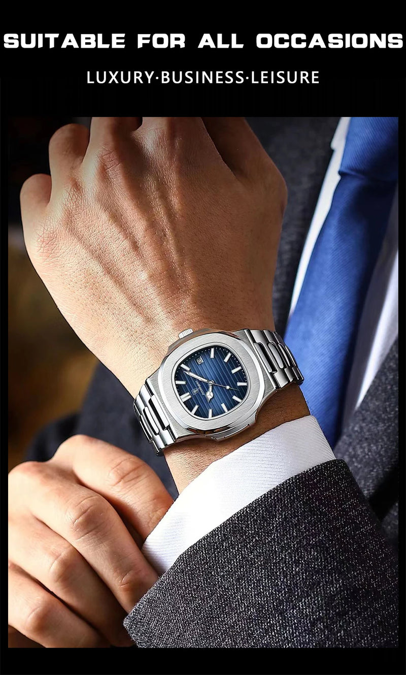 POEDAGAR Luxury Brand Men Quartz Wristwatch Stainless Steel Waterproof Luminous Date Square Male Watch Business Watches for Men