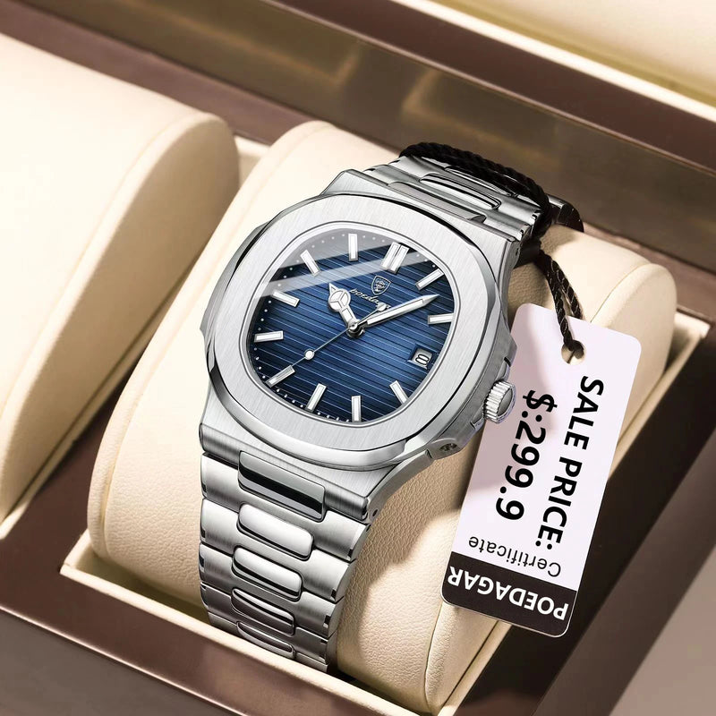 POEDAGAR Luxury Brand Men Quartz Wristwatch Stainless Steel Waterproof Luminous Date Square Male Watch Business Watches for Men