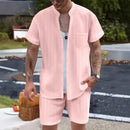 Nova camisa masculina europeia e americana de verão, casual, gola henley, bolso, manga curta, shorts, conjunto de praia