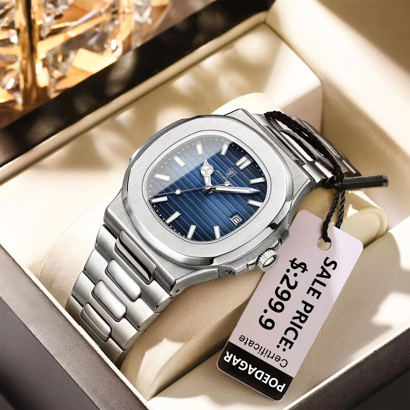 POEDAGAR Luxury Brand Men Quartz Wristwatch Stainless Steel Waterproof Luminous Date Square Male Watch Business Watches for Men