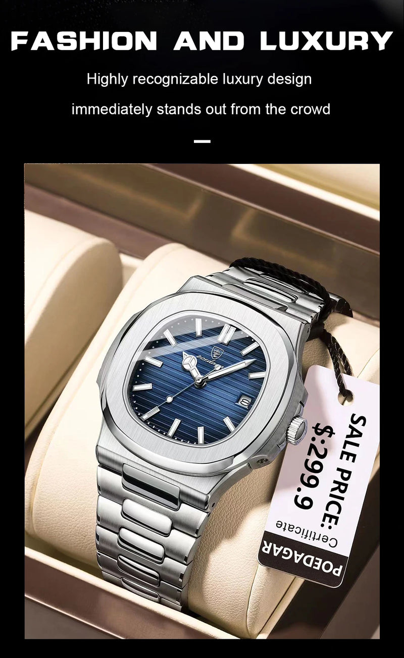 POEDAGAR Luxury Brand Men Quartz Wristwatch Stainless Steel Waterproof Luminous Date Square Male Watch Business Watches for Men