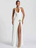 Mozision Elegant Backless Sexy Maxi Dress Set Women Halter Bodysuit And Maxi Skirt Matching Set Female Ruched Split Dress Sets