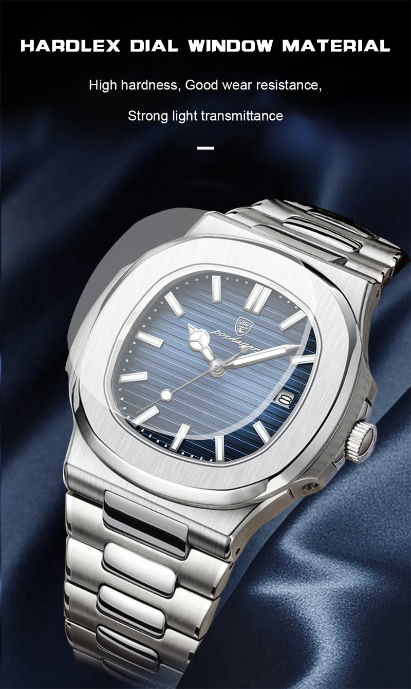 POEDAGAR Luxury Brand Men Quartz Wristwatch Stainless Steel Waterproof Luminous Date Square Male Watch Business Watches for Men