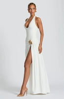 Mozision Elegant Backless Sexy Maxi Dress Set Women Halter Bodysuit And Maxi Skirt Matching Set Female Ruched Split Dress Sets