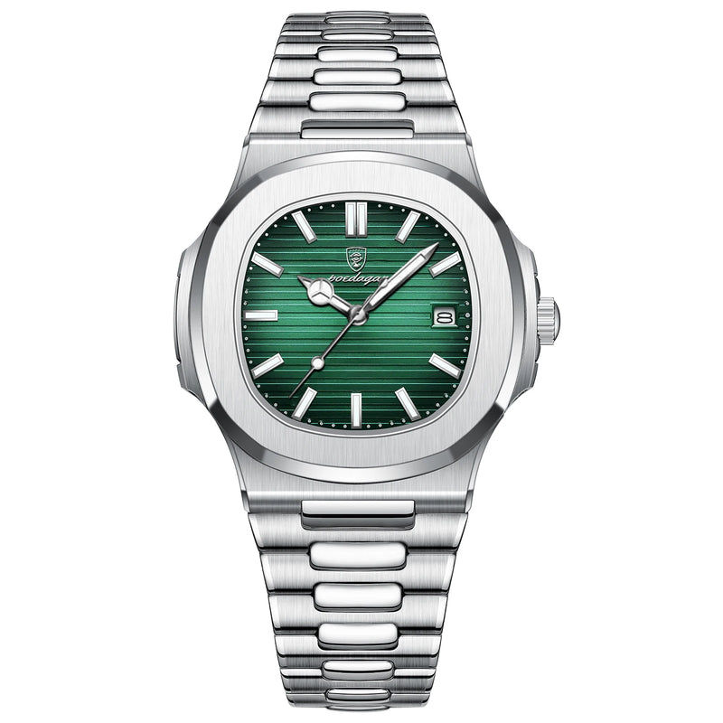 POEDAGAR Luxury Brand Men Quartz Wristwatch Stainless Steel Waterproof Luminous Date Square Male Watch Business Watches for Men