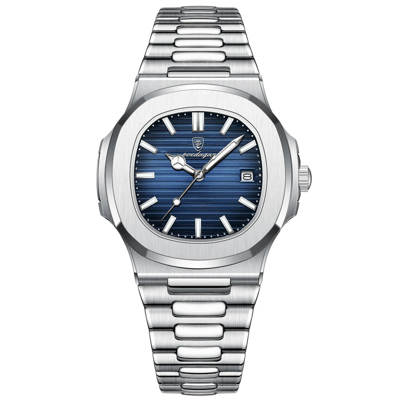 POEDAGAR Luxury Brand Men Quartz Wristwatch Stainless Steel Waterproof Luminous Date Square Male Watch Business Watches for Men