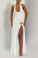 Mozision Elegant Backless Sexy Maxi Dress Set Women Halter Bodysuit And Maxi Skirt Matching Set Female Ruched Split Dress Sets