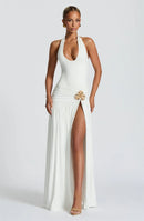 Mozision Elegant Backless Sexy Maxi Dress Set Women Halter Bodysuit And Maxi Skirt Matching Set Female Ruched Split Dress Sets