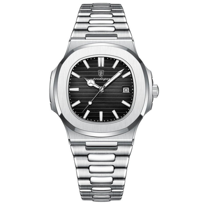 POEDAGAR Luxury Brand Men Quartz Wristwatch Stainless Steel Waterproof Luminous Date Square Male Watch Business Watches for Men