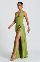 Mozision Elegant Backless Sexy Maxi Dress Set Women Halter Bodysuit And Maxi Skirt Matching Set Female Ruched Split Dress Sets