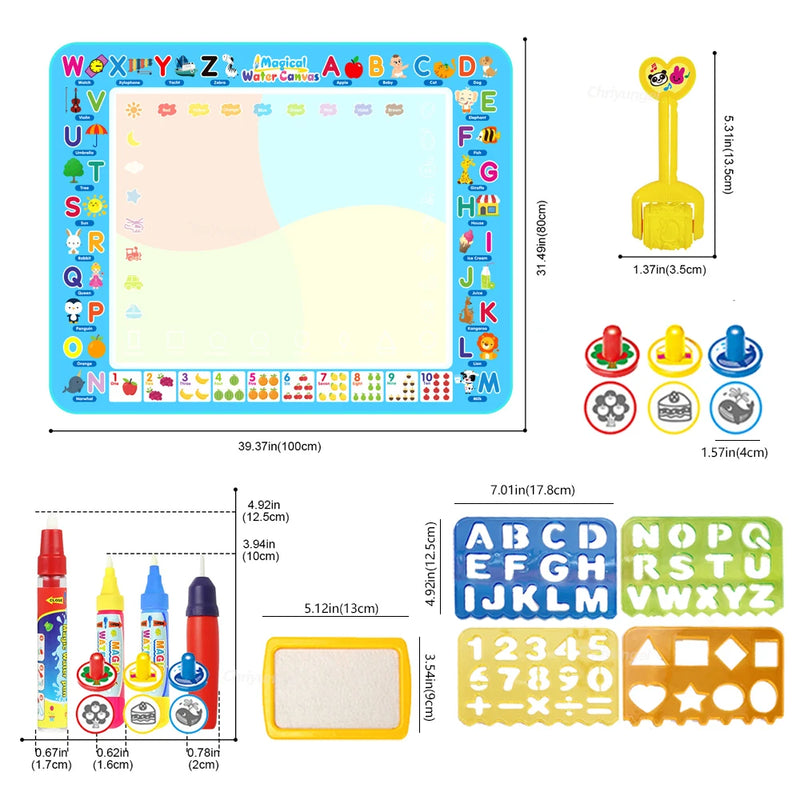 Magic Water Drawing Mat 100x80cm with Reusable Magic Pens, Montessori Painting Board, Educational Toys, Gifts for Kids 39x31in