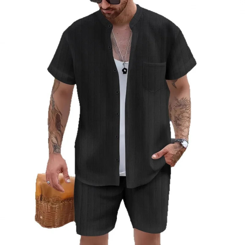 New European and American summer men's casual henley collar pocket short sleeve shirt shorts beach set