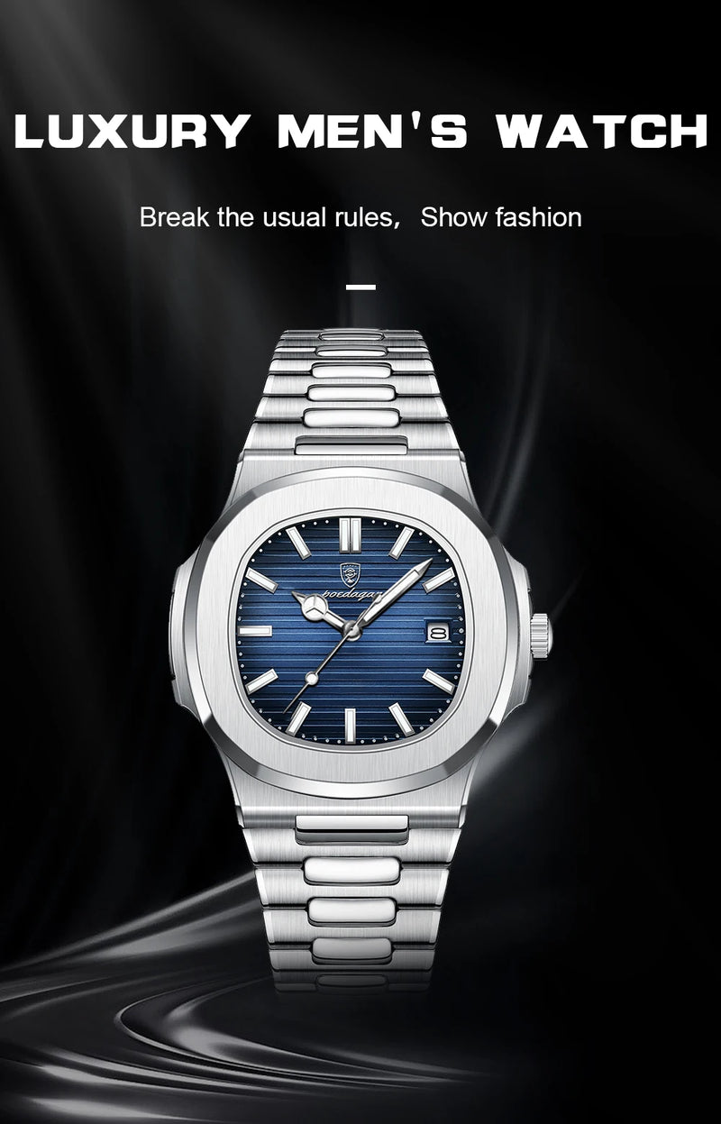 POEDAGAR Luxury Brand Men Quartz Wristwatch Stainless Steel Waterproof Luminous Date Square Male Watch Business Watches for Men